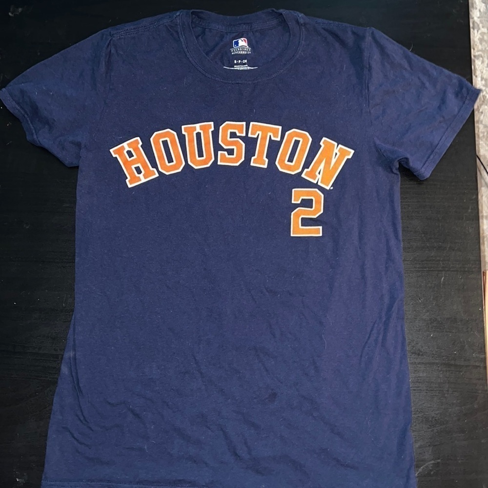 ASTROS -‎ Bergman # 2 - blue orange lettering shirt sleeves t-shirt Sz S